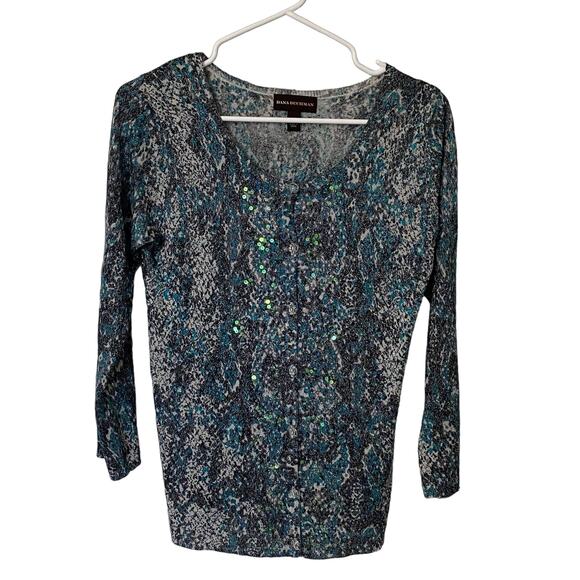 Dana Buchman Wm LS Button Front Blue Gray Animal Print Cardigan Sequins Size S - Picture 1 of 9